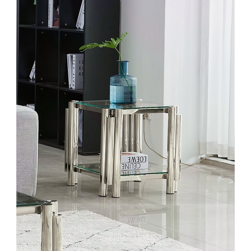 Table de bout carrée 20 pouces, table de bout moderne en acier inoxydable, table basse en verre trempé transparent à deux couches, table d'appoint avec rangement, pour le bureau personnel du salon