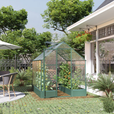 [6 x 8ft] Walk-In Polycarbonate Greenhouse with Base, Raised Bed & Temperature-Controlled Window for Plants, Flowers & Vegetables
