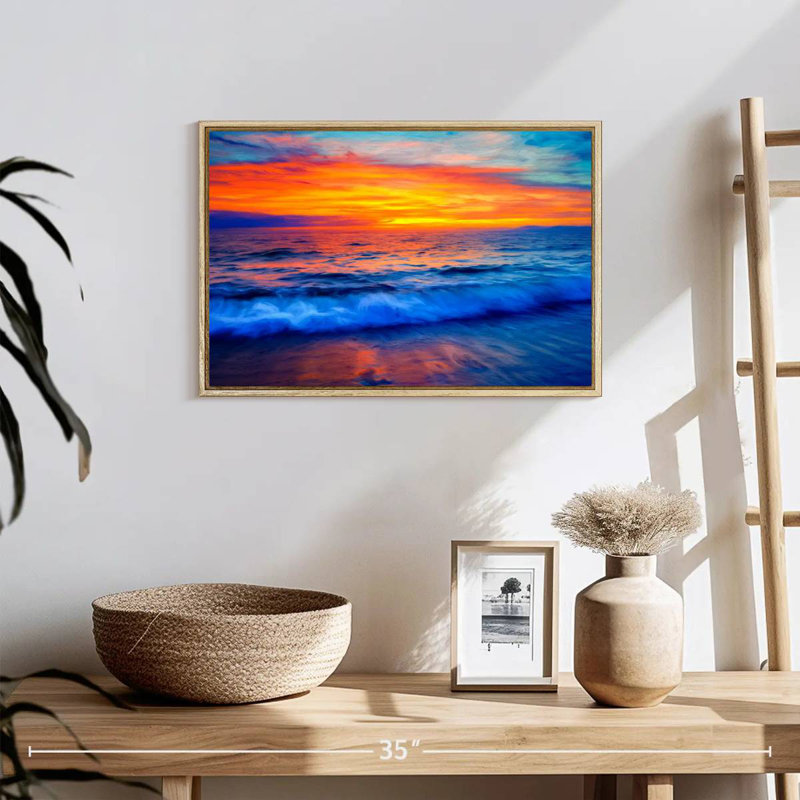 Coucher de soleil hypnotique, Cadre flottant en bois naturel, 19 po x 13 po