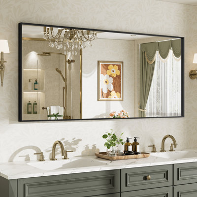 Miroir de meuble-lavabo avec cadre en alliage d'aluminium noir mat et verre trempé HD idéal pour la salle de bain, le vestibule et le salon