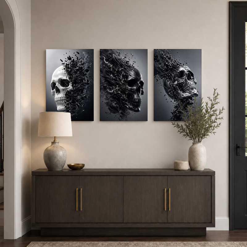 Ensemble de 3 toiles murales noires représentant trois crânes en décomposition, idéal pour l’Halloween., 24"H x 16"W x 3pcs