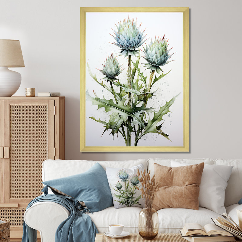 Dayvien chardon vert majestueux pointillisme II sur toile, H 32 po x l 16 po x P 1 po, Encadrement doré