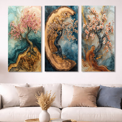 «Golden Cherry Blossom Tree Garden of Ephemeral Beauty I», ensemble de 3 impressions florales en métal