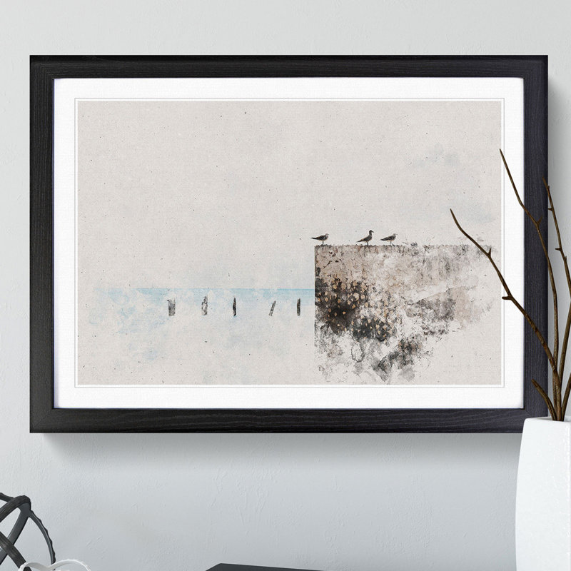 Seagulls by The Sea Watercolour - Picture Frame Graphic Art, Black, 36cm H x 48cm W x 2cm D