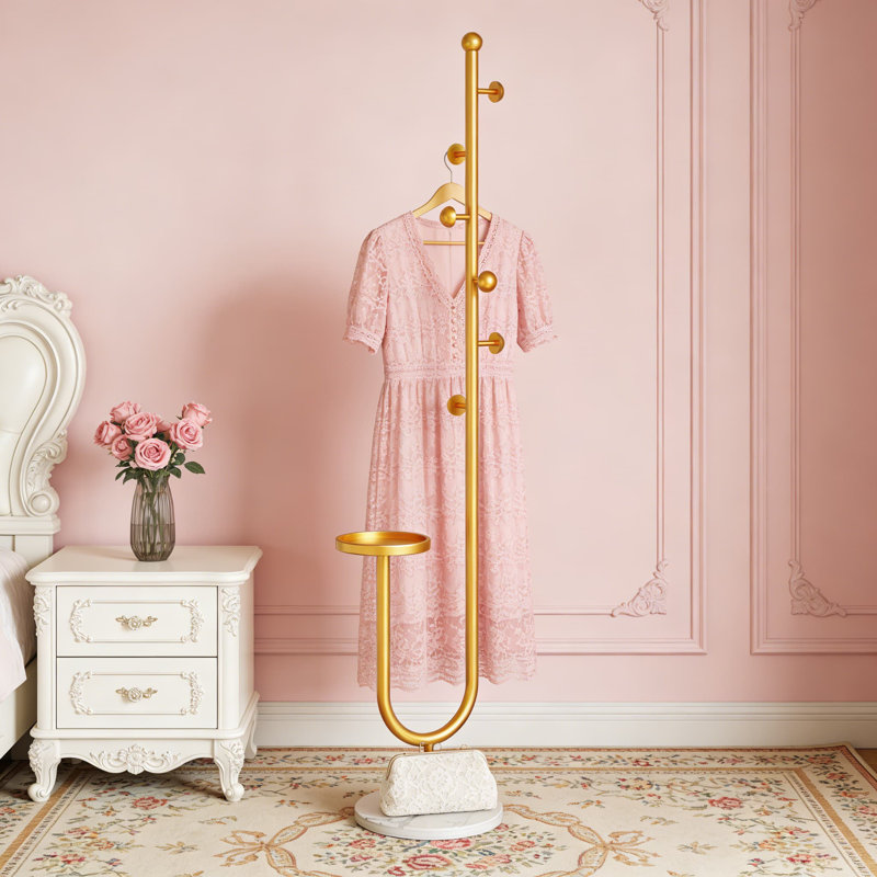 Freestanding Coat Rack With Marble Base And Storage Tray, 6-Hook Hall Tree For Entryway, Hallway, And Bedroom Organization