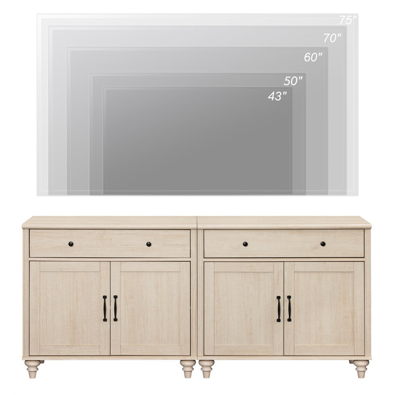 Farmhouse TV Stand For 75 Inch TV With 4 Doors And 2 Drawers, Entertainment Center TV Console Table With Storage Cabinets,  Light Beige