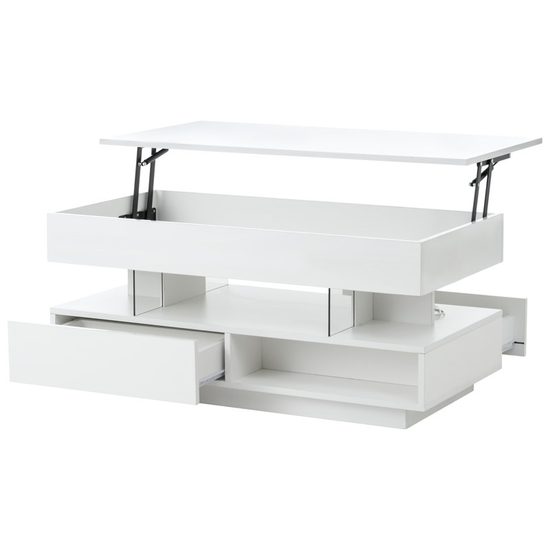 Table basse à plateau relevable 39,3 po, compartiment caché, 2 tiroirs, lumières DEL réglables, table blanche moderne multifonction pour le salon | Idée cadeau