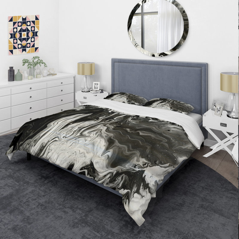 Ensemble de housse de couette moderne et contemporain - acrylique blanc, gris et marbre blanc III, Blanc/noir