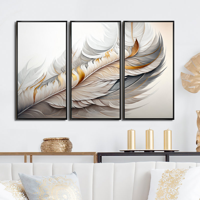 Plume blanche aquarelle - reproduction de 3 pièces, Noir, H 32 po x l 48 po x P 1 po