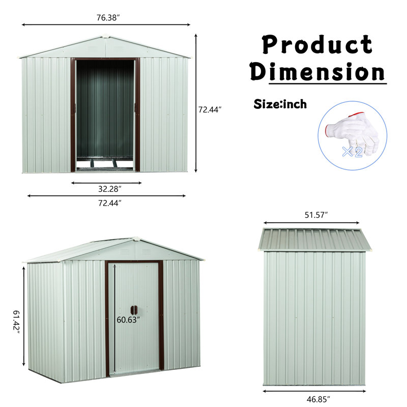 White 6ft X 5ft Metal Storage Shed - Galvanized Steel Frame For Sturdiness, Ventilated Panels, Sliding Door With Lock, Simple Assembly Guide Foundation Outdoor Shed, Strong Structure, Punched