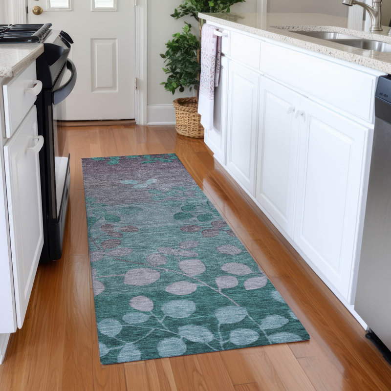 Tapis bleu sarcelle lavable à la machine intérieur / extérieur Xhevrie, Rectangle 10 pi x 14 pi