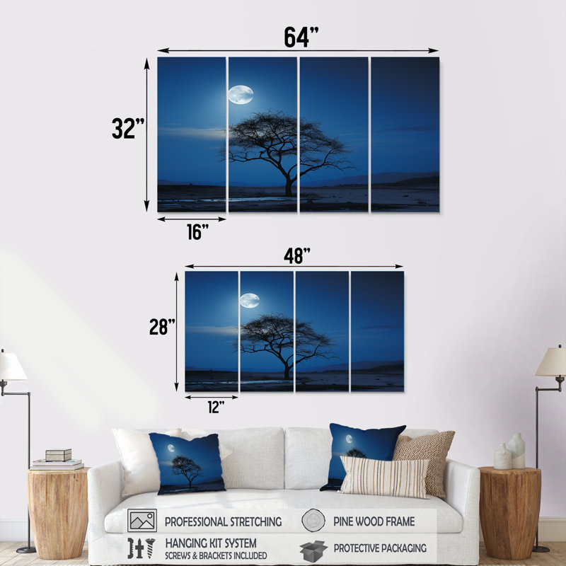 «Blue Moonlight Tree Desert», art mural 4 pièces, H 32 po x l 64 po