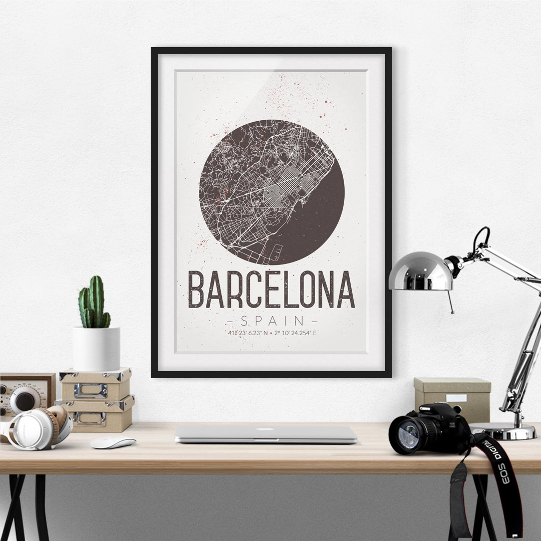 Gerahmtes Poster Retro Barcelona Straßenkarte