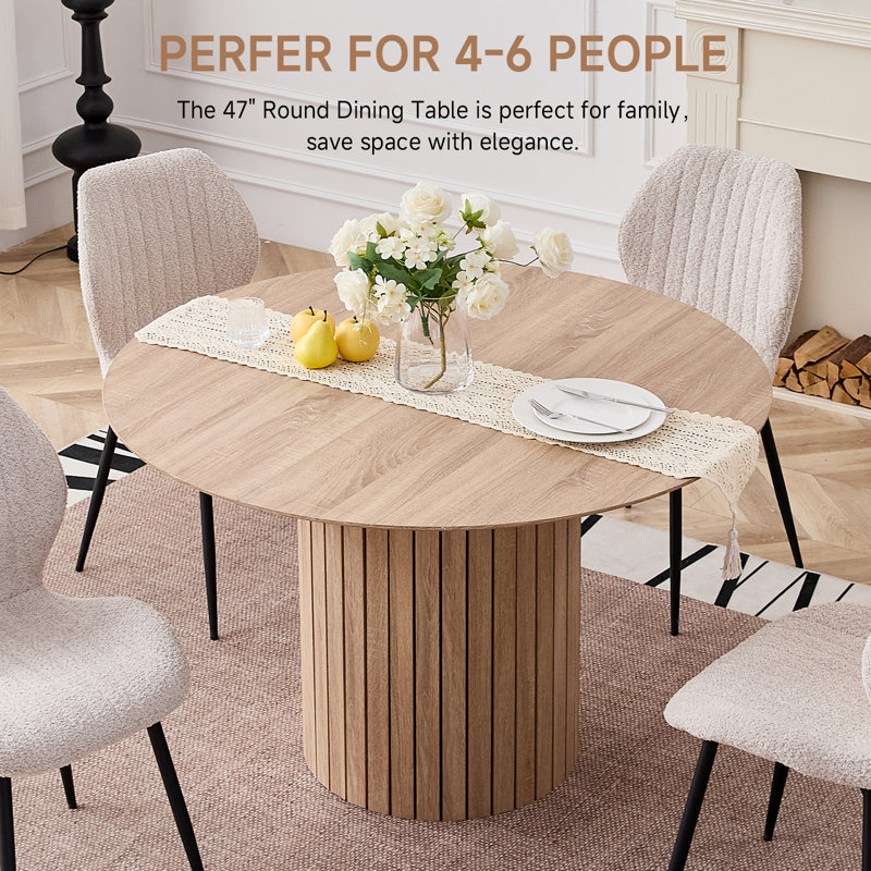 120cm Round MDF Dining Table, Wood Effect Top with Vertical Slat Cylinder Pedestal Base, Light brown