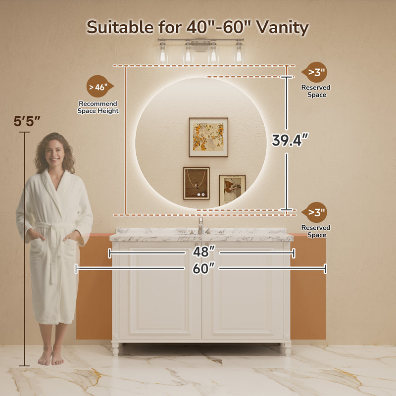 Miroir rond de salle de bain rétro éclairé sans cadre Adorna, 40 po x 40 po
