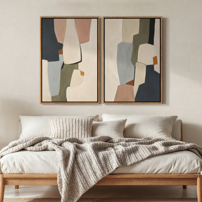 Framed Canvas Wall Art - Minimalist Neutral Abstract Shapes with Modern Line Details - 24"x36"x2pcs