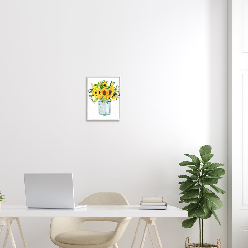 Bouquet de tournesols champêtre rétro, H 14 po x l 11 po x P 1,5 po, Giclée encadrée blanc bord de mer
