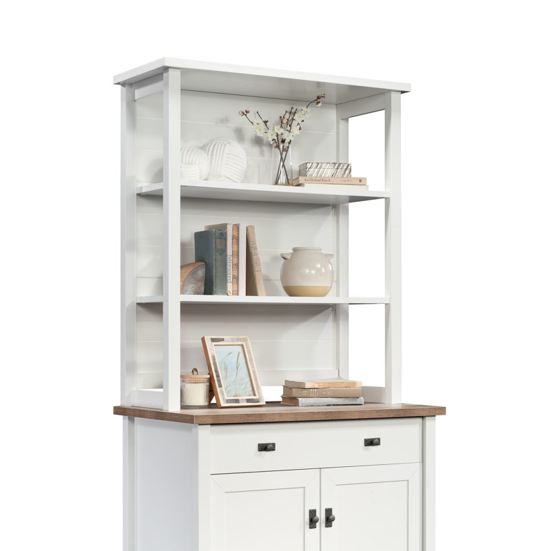 , Finition blanche, bois d'ingénierie, bureau, deux tablettes horizontales, chic décontracté, panneau arrière fixe fixe