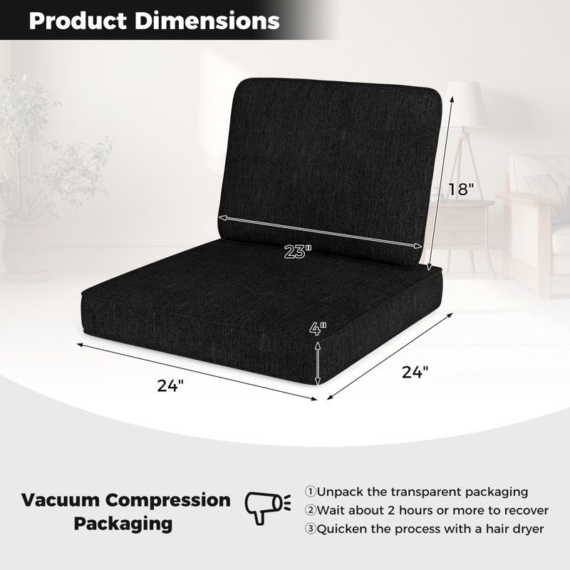 2-Pack 24" x 24" Deep Seat Cushion & Back Pillow with Removable Covers Outdoor, Black