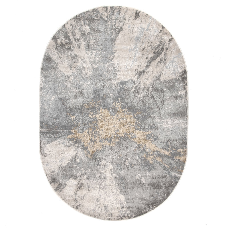 Ogrady Modern Abstract Power Loom Silver Rug, Oval 6'7" x 9'