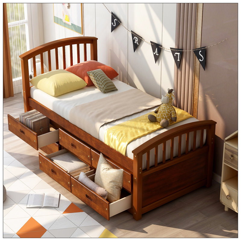 Lit plateforme simple en bois massif avec 6 tiroirs de rangement, élégant et durable pour les chambres modernes, Noyer
