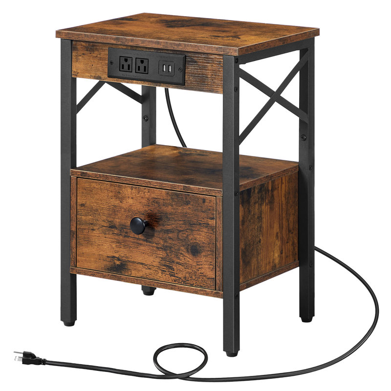 Rickett Nightstand with Built-in Outlets, Rustic Brown/Black