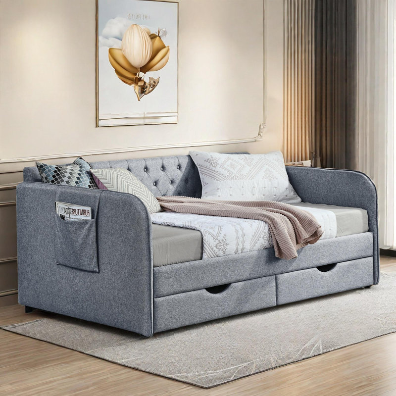 Upholstery Daybed With Trundle, Two Drawers , Side Pockets And Button Tufted Design, Gray