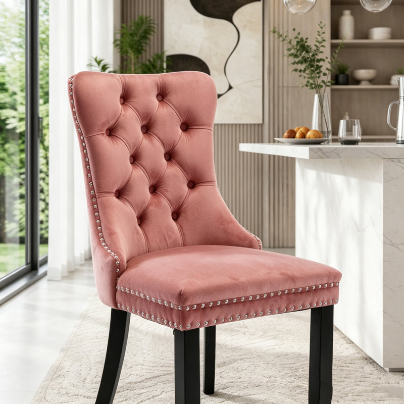Chaise de salle à manger contemporaine en bois massif recouverte de velours, Rose
