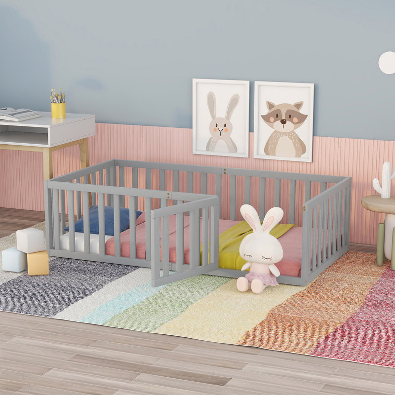 Structure de lit de jour en bois avec clôture (ANCIEN SKU: WF289661AAE), Lit simple, Gris