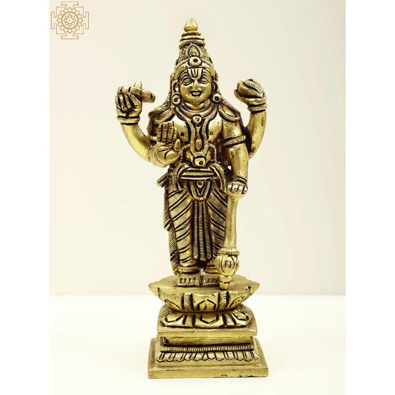 6" Small Brass Standing Vishnu Statue – Handcrafted Hindu Deity Idol for Home Altar & Spiritual Decor