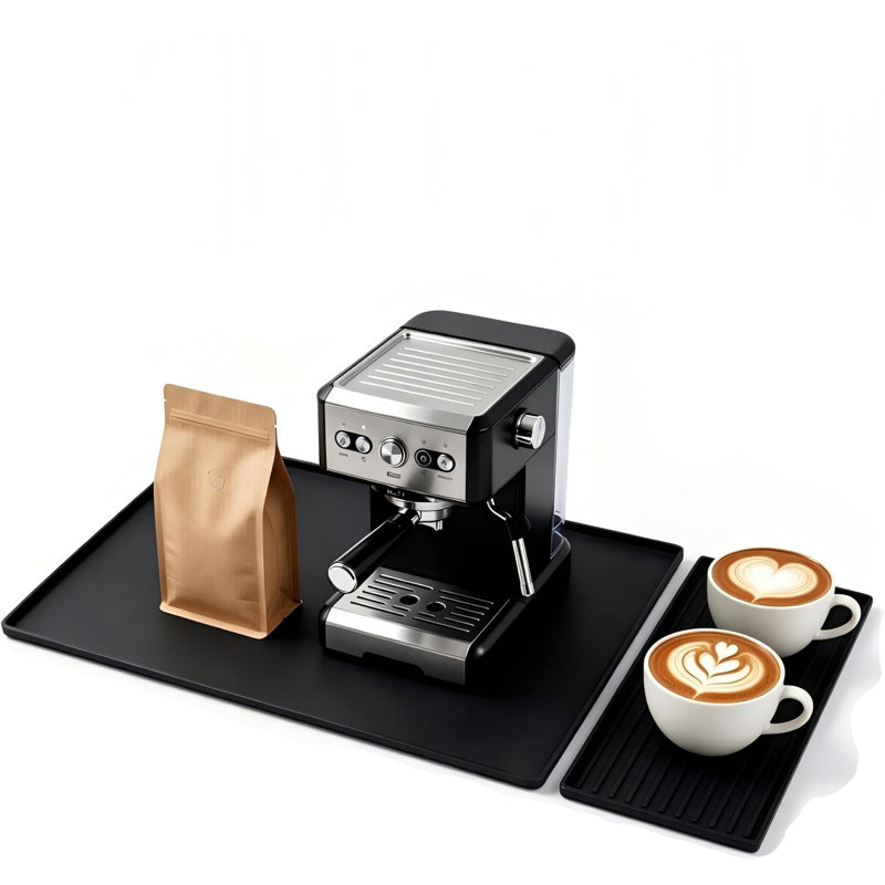 Tapis de café en silicone, avec plateau de séchage amovible, noir
