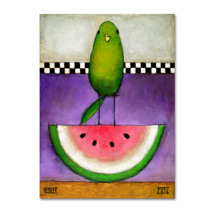 Art mural sur toile tendue - "Watermelon Bird" par Daniel Patrick Kessler pour décoration de salon, de chambre à coucher ou de bureau - 14 x 19
