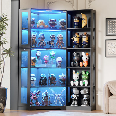 Corner Display Curio Cabinet With Glass Doors & Led Lighting, 71" Glass Display Case For Collectibles, Toys, Books, Extra Bookcase With 5 Shelves, Storage Cabinet For Living Room, Bedroom, Office