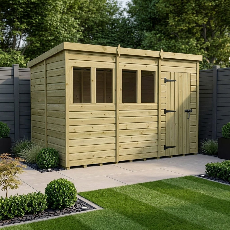 Total Sheds 12ft x 6ft Pent Garden Shed - Single Door - With Windows - Pressure Treated Timber - UK Manufactured