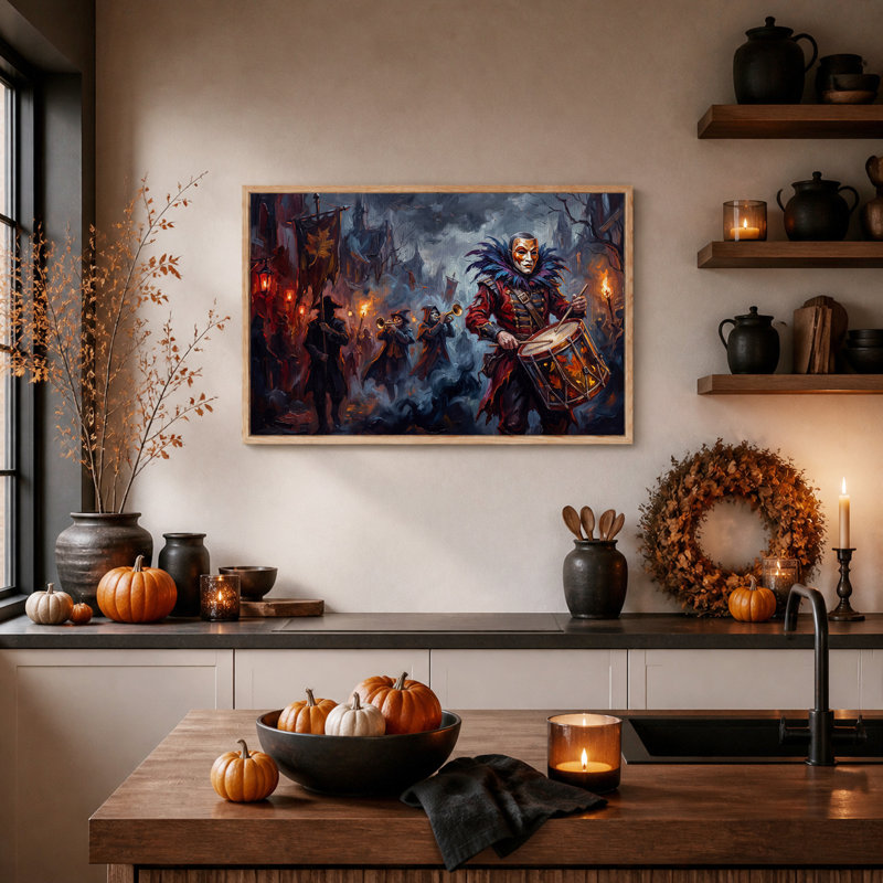 Tableau mural sur toile représentant un batteur masqué et des feuilles d'automne, idéal pour l'Halloween, H 32 po x l 48 po