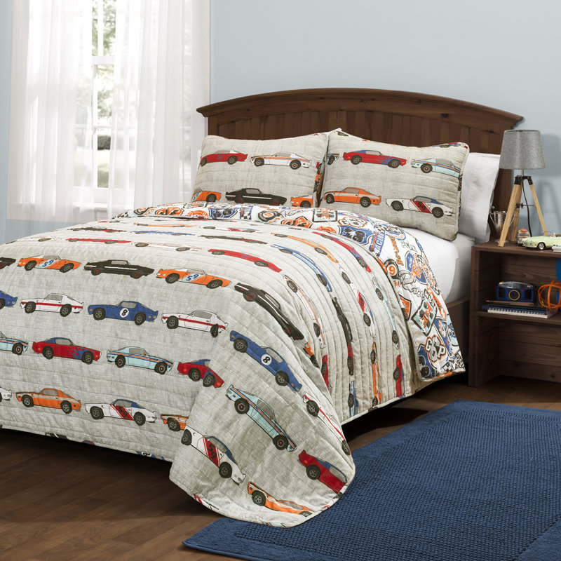 Ensemble de courtepointe réversible Race Cars, Bleu/orange, Édredon pour lit simple + 2 taies d'oreiller déc