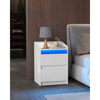 Bedside Table with LED Lights, Bedside Cabinet with Charging Station and 2 Drawers, Nightstand with USB Ports & Power Outlet, Nightstand for Living Room and Bedroom, White/Black