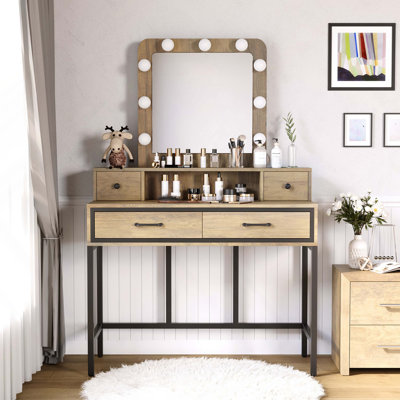 Vanity Desk with Mirror and Lights, Makeup Vanity Desk with 3 Color Dimmable Lighted Hollywood Mirror, Brown Makeup Table with 4 Drawers, Large Dressi
