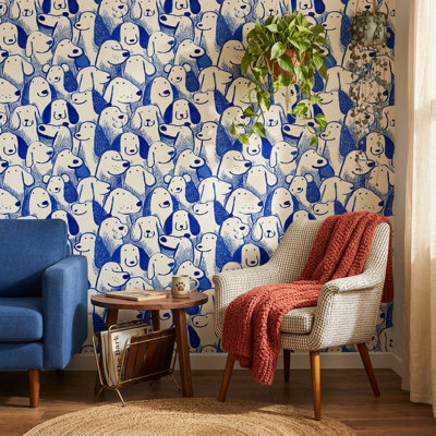 Papier peint bleu et blanc Playful Dogs