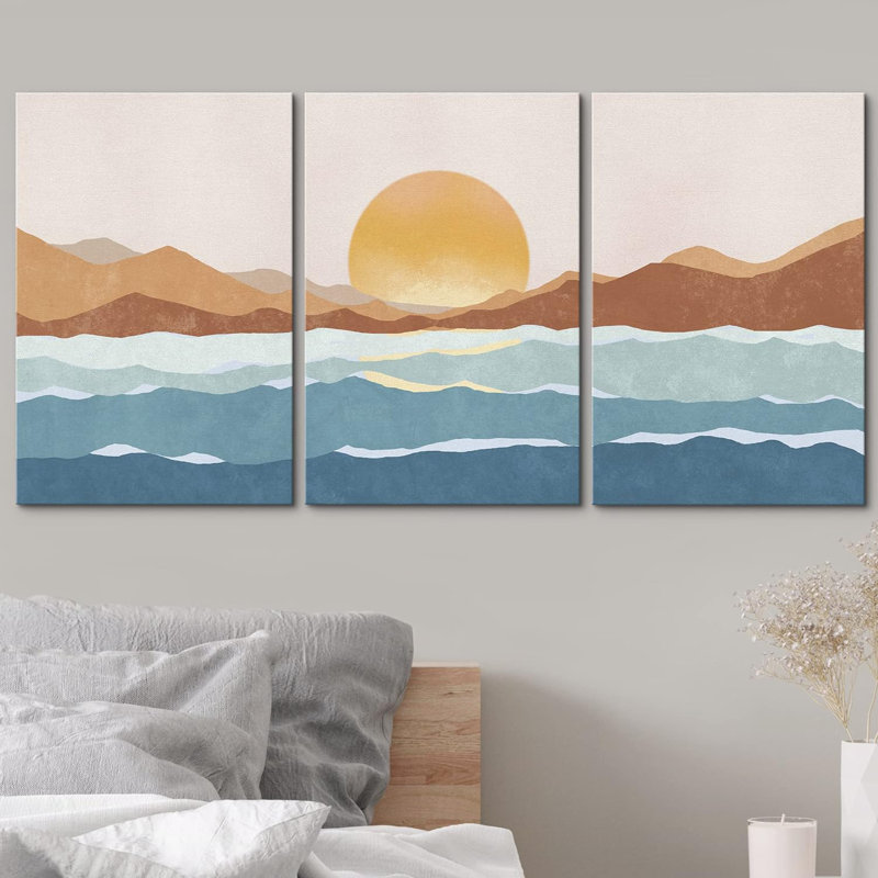 Sunlight Mountain Ocean Horizon, reproduction sur toile 3 pièces, H 24 po x l 48 po x P 1,5 po, Toile tendue