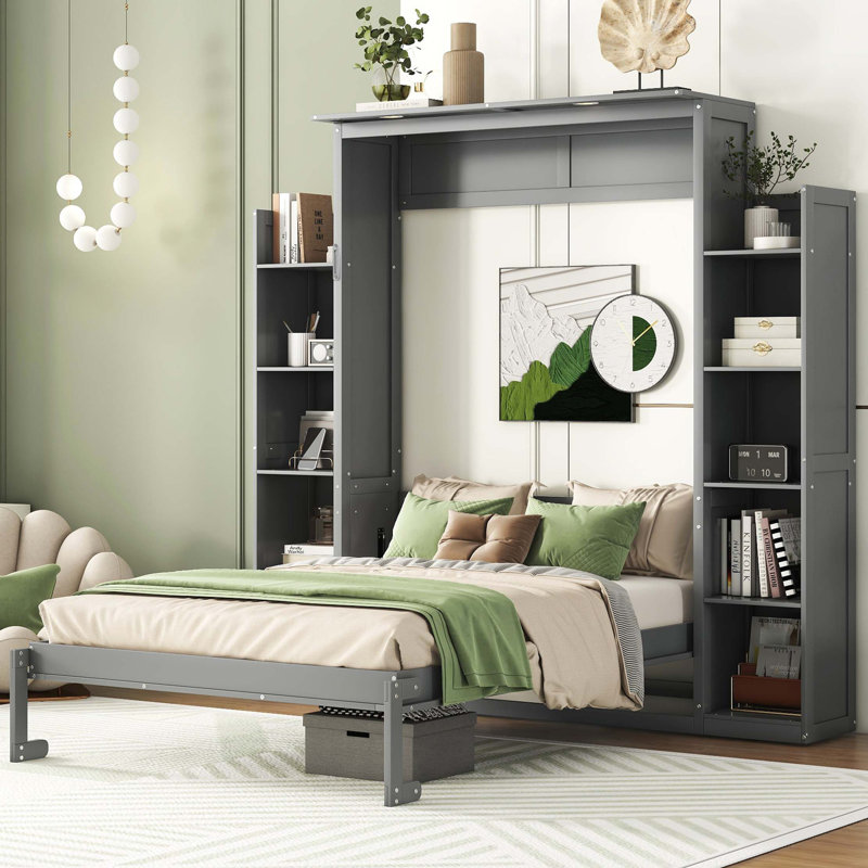 Lit escamotable double pleine grandeur avec tablettes, éclairage de nuit à DEL