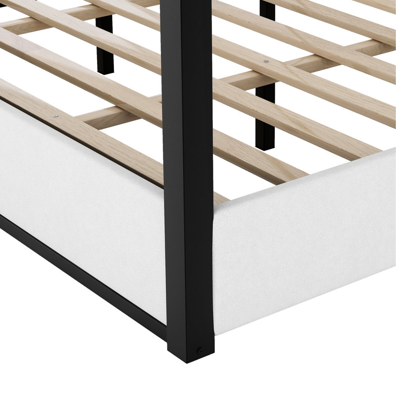 Lit plateforme à baldaquin blanc de très grande taille avec tête de lit tapissier et structure en métal - 4 affiches décoratives, finition en velours doux, tête de lit facile à assembler, chambre à coucher