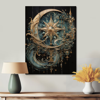 Symboles, croissant de lune et étoiles, impression sur bois naturel