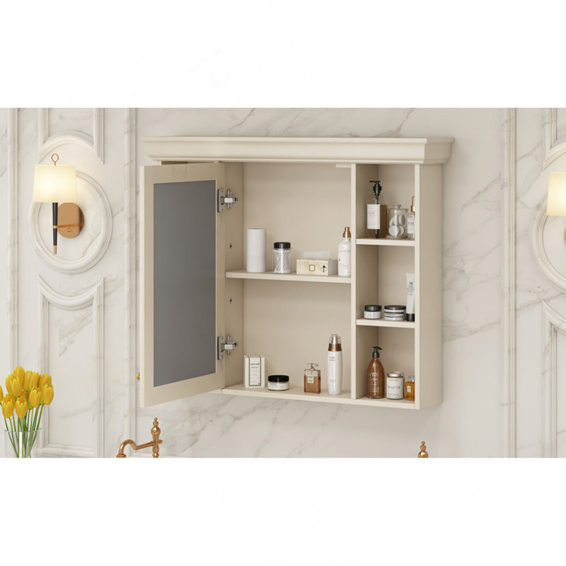 Armoire de rangement murale 35 po x 28 po avec porte miroir, armoire de salle de bain moderne avec miroir, armoire à pharmacie avec 6 tablettes ouvertes