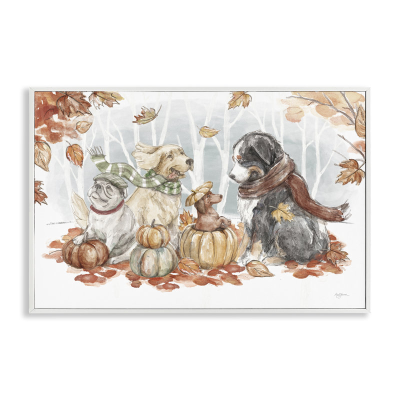 «Autumn Fun Dogs», estampe numérique par Mary Urban, Estampe numérique encadrée blanc bord de mer, H 16 po x l 24 po