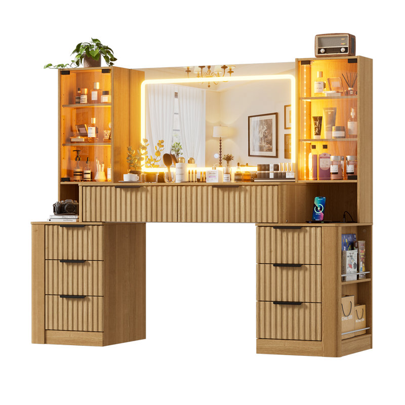 59" Large Makeup Vanity With Led Lights And 3 Light Modes, 8 Drawers and Power Outlet