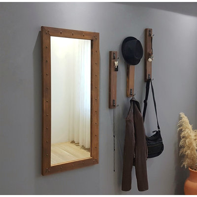 Rustic Hall Stand with Mirror & Wall Hooks, Walnut Color, 19.7 x 43.3 inches | 100% Pine Solid Wood Construction | 3 Multipurpose Hooks for Coats & Bags | Perfect for Entryway, Traditional & Functional Design