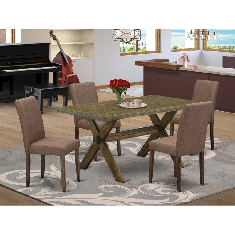 5 Piece Kitchen Table Set Includes a Rectangle Dining Table with X-Legs and 4 Light Sable Linen Fabric Parson Dining Room Chairs, Distressed Jacobean