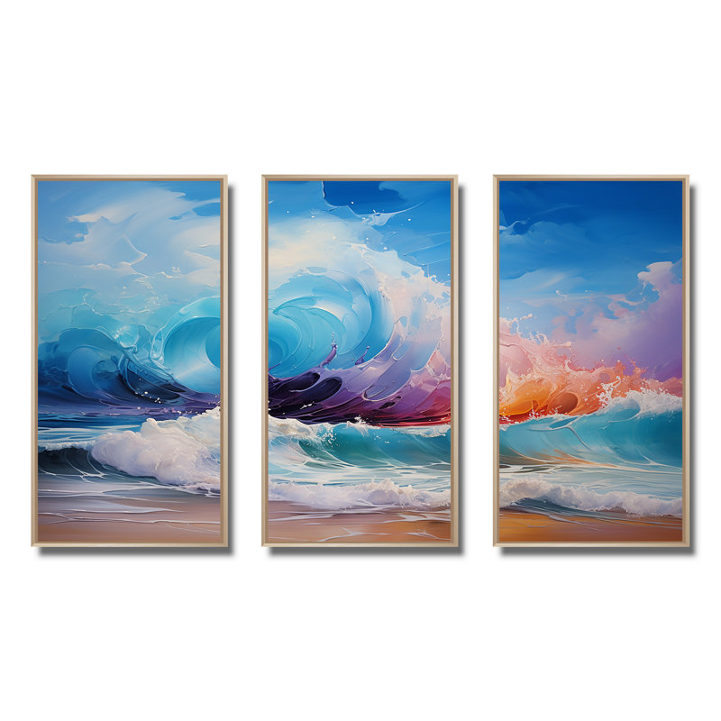 «Vibrant Beach Waves 4» - art mural vagues côtières, Cadre flottant brun, H 32 po x l 48 po x P 1 po