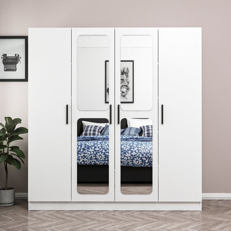 Armoire-penderie à miroir 4 portes avec 2 tiroirs, Blanc
